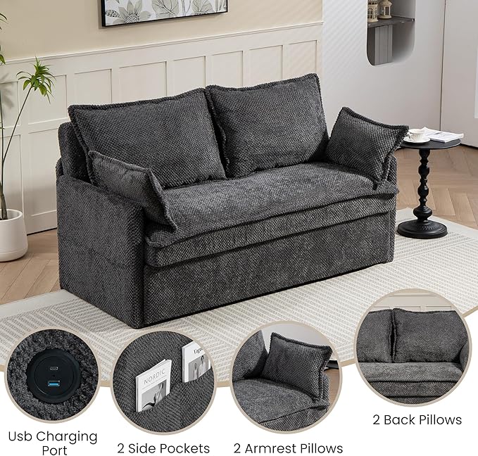 GRAINLLE Pull Out Couch,Loveseat Convertible Sleeper Sofa Bed with USB,Pull Out Sofa Bed Side Storage,2 Pillows,Corduroy Sleeper Couch for Living Room,Bedroom,Apartment,Pet-Friendly(Grey, 59.5'')