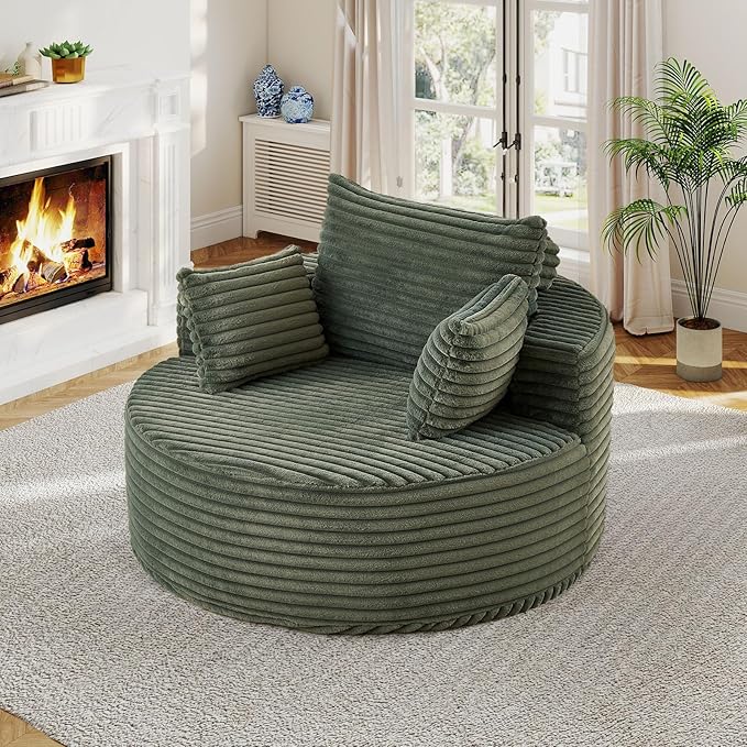 50"W Oversized Round Chaise Lounge Chair Indoor, Upholstered Corduroy Deep Seat Cloud Circle Sofa Chair, Modern Fluffy Comfy Floor Reading Armchair for Living Room, Bedroom, No Assembly Required,Green