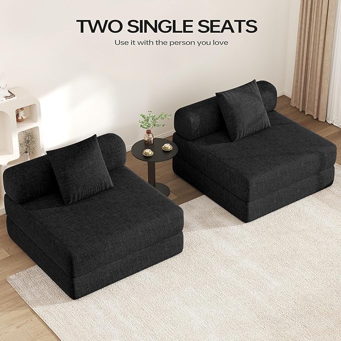 DURASPACE 39.2'' Folding Sofa Bed, Floor Foldable Futon with Memory Foam, Convertible Sleeper Chair with Back Support for Living Room (Chenille Black)