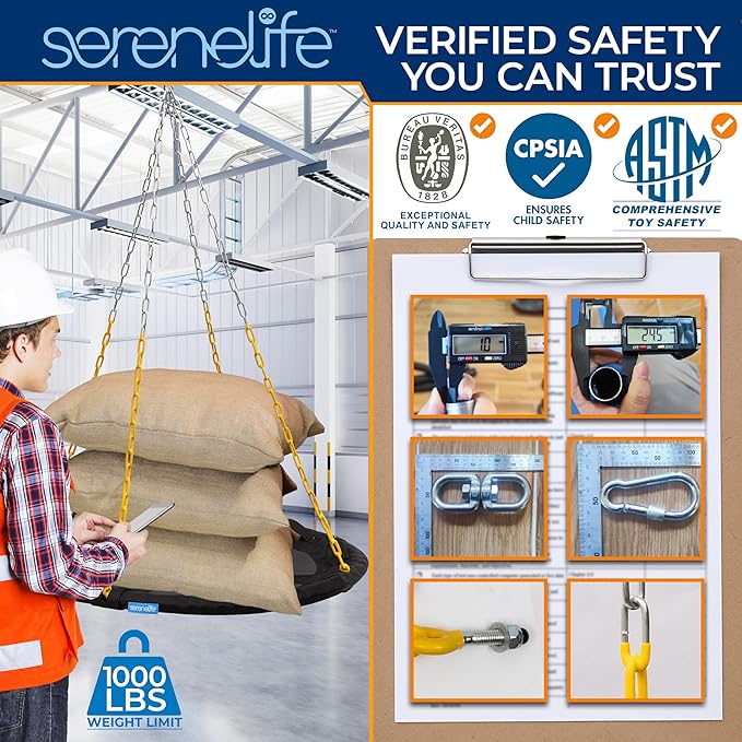 SereneLife 40" Saucer Swing - Outdoor Swing Set with Heavy-Duty Chains & Hanging Kit, Swinging Seat Spinner with Pillow & Carry Bag, Weatherproof, Water-Resistant, Supports Up to 700 lbs, Black