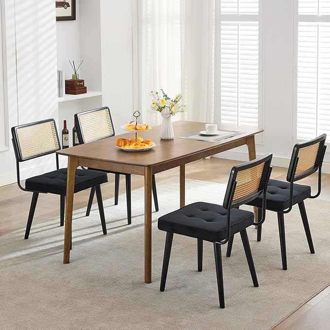 GarveeHome Natural Rattan Dining Chairs Set of 6, Velvet Upholstered Kitchen Chairs with Tall Cane Backrest and Strong Wood Legs for Dining Room, Kitchen, Restaurant, Black