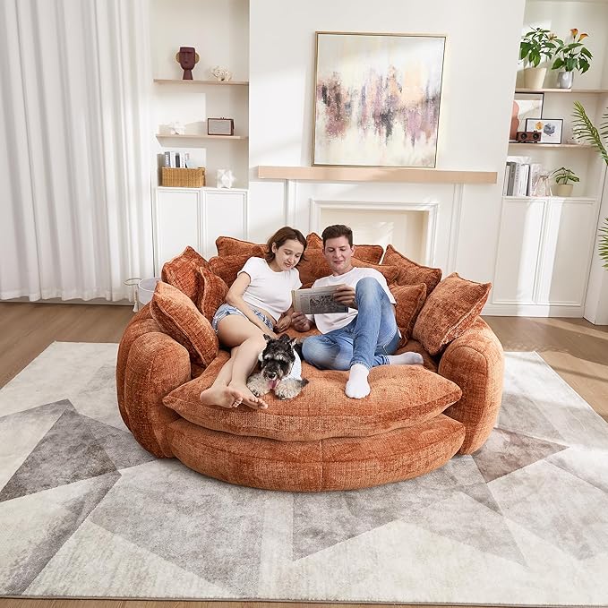 81" Oversized Bean Bag Chair Boneless Round Chaise Lounge Comfy Chenille Reading Chair Fluffy Plush Sofa Bed Large Deep Seat Circle Cloud Couch for Living Room, Bedroom, Apartment, Orange