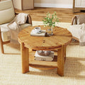 TRIBEWOOD Round Solid Wood Coffee Table, 29.5" Small Farmhouse Circle Accent Center Tables with Storage Shelf for Living Room, 2 Tiers Open-Style Storage Cocktail Tea Furniture, Rustic Brown