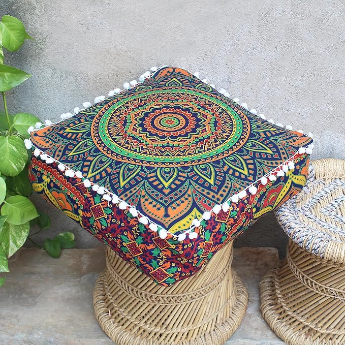 CRAFT KALA Large Hippie Mandala Meditation Floor Ottoman Pillow Cushion Pouf Cover Square Poufs Bohemian Circle Floor Cushion Case Outdoor Fireplace Yoga Living Room Decor Cover New Blue, 24" Square