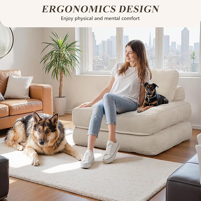Folding Sofa Bed,Convertible Sleeper Chair for Adults, Folding Sofa Bed Foam Filling Couch with Pillow，Sleeper Chairs Single Size Floor Mattress,White