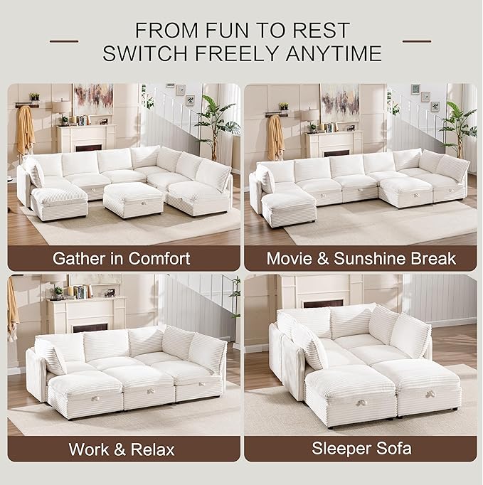 FIRLZY Oversized Modular 8 Seater Sofa with Removable Covers and Storage, Convertible U, L-Shaped and Sleeper Sectional, Modern Corduroy Couches with Ottoman Chaise for Living Room, Apartment, Black