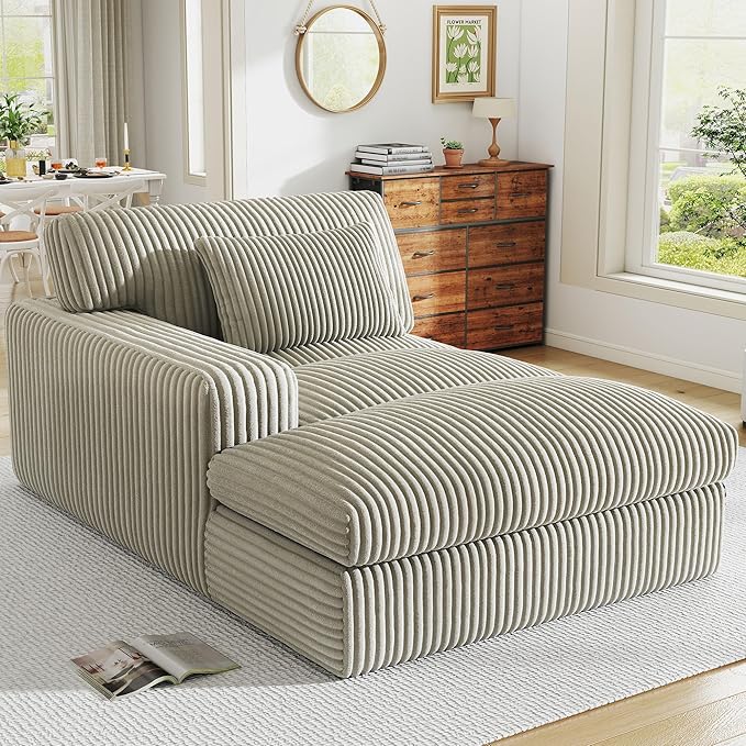 Oversized Chaise Lounge Sofa Chair Indoor，Soft Corduroy Fabric, Boneless sofawith Cushion，A Comfortable, deep-Seated Cloud Sofa for use in The Living Room.(Singler-Left-arm-Gray)