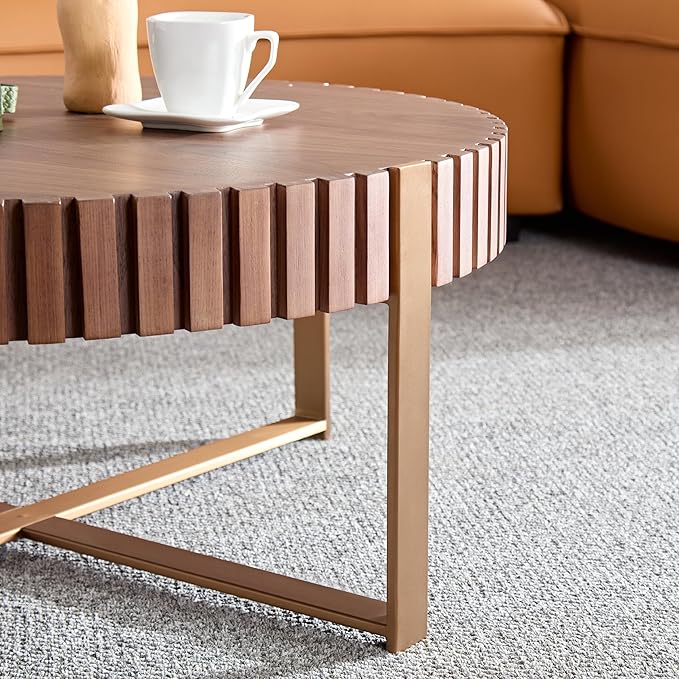 31.49'' Walnut Round Coffee Table for Apartment, Modern Living Room Coffee Table with Sturdy Pedestal Base (Walnut, 31.5)