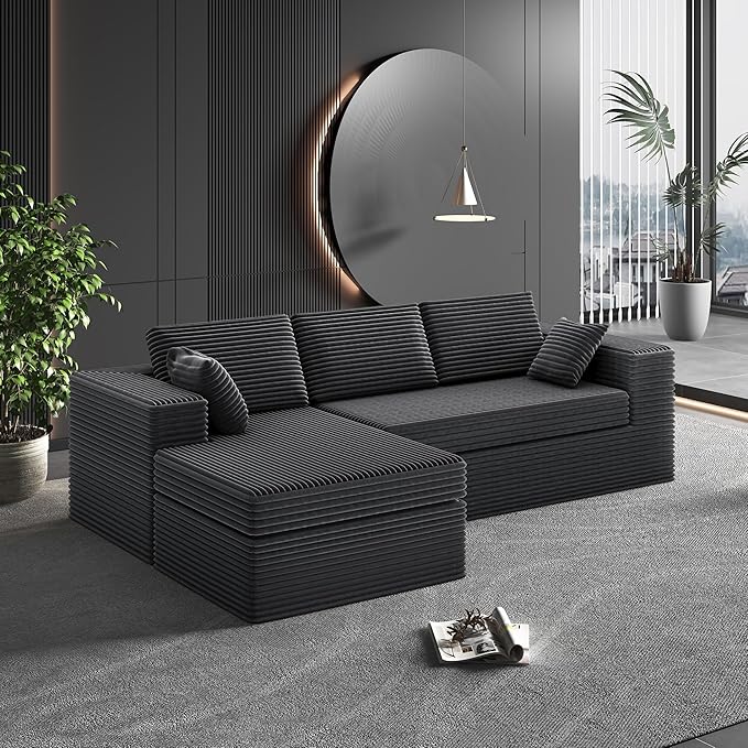 luckyvo 108-inch Boneless Couch for Living Room，Comfy Boneless Sofa with Deep Seats & Chaise Lounge, 3-Seat Modular Sofa Memory Foam Sectional Couches - No Assembly Required(Dark Grey)