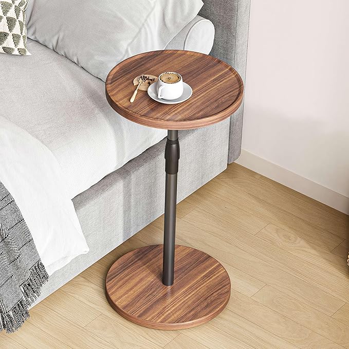 IRCPEN Adjustable End Table, Small Round Side Table, Drink Table for Small Spaces, Pedestal Nightstand for Living Room, Bedroom, Sofa Couch, Brown ET-010BR
