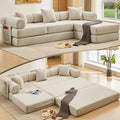 L Shaped Convertible Modular Sofa Bed with Cylindrical Pillow & Reversible Chaise, Corduroy Folding Floor Sofa Couch Bed with Fixed-Shape Frame & Storage Pocket for Living Room, Beige
