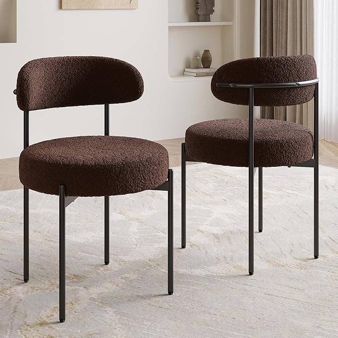 Farini Dining Chairs Set of 4,Mid-Century Modern Kitchen Chair Curved Backrest Round Upholstered Sherpa Dining Chairs with Metal Legs,Coffee