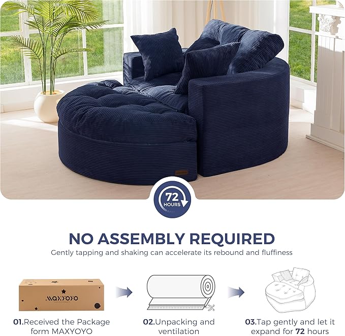 MAXYOYO Oversized Round Chaise Lounge Sofa, Upholstered Lounge Chair with 3 Pillows, Boneless Sofa Couch with Ottoman, Deep Seat Sleeper Chair for Living Room, Bedroom, No Assembly, Navy