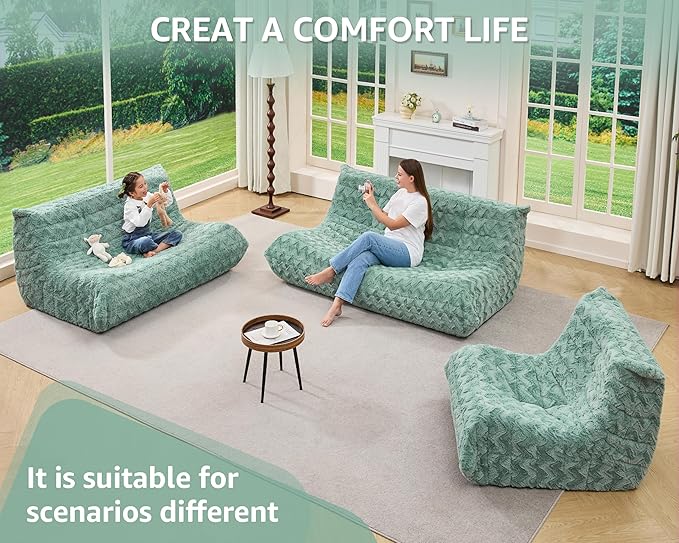 Bean Bag Chairs for Adults Giant Bean Bag Chair Memory Foam BeanBag Chair Bean Bag Sofa with Filler Faux Fur Fireside Beanbags Lazy Sofa for Living Room Bedroom Office (Green Chevron, Single)