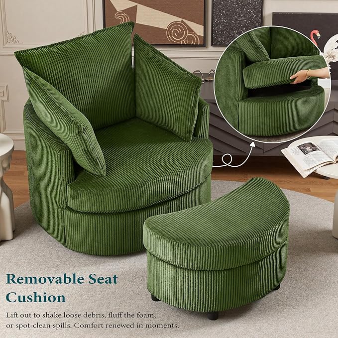 Chorlenimi Swivel Accent Chair Round Barrel Armchair Upholstered Living Room Chair Corduroy Reading Chair Single Sofa Chair for Bedroom Apartment Office (Green, Upgrade 1Seater+ Ottoman)