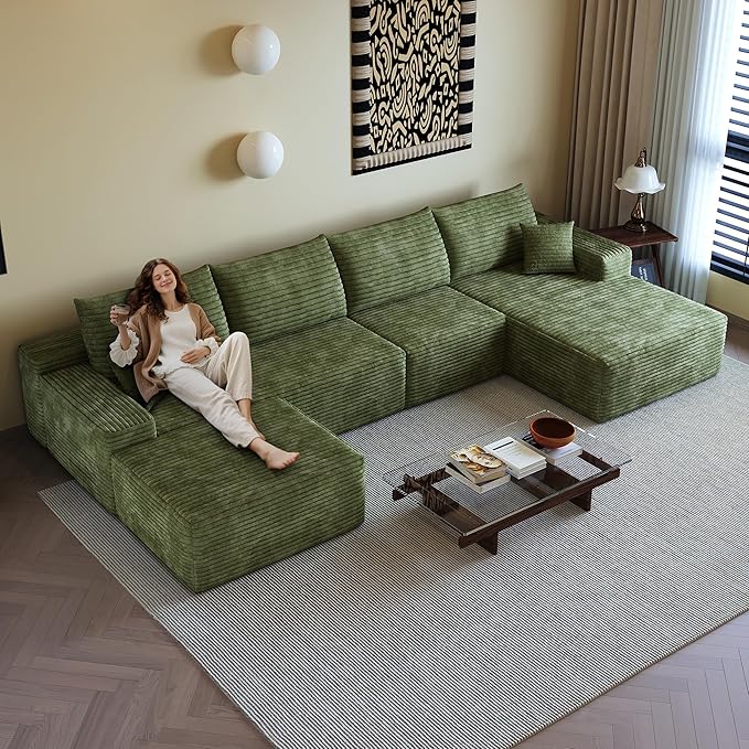 AUGOP 136" Sectional Couches for Living Room Modern Modular Sofa with L-Shape Couchs Upholstered Boneless Couch Deep Seat Sectional Couch with Chaise (Green, Right Facing Chaise+3Seaters+Ottoman)