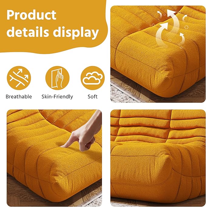 Bean Bag Chair, Fireside Chair, Large Bean Bag Chair for Adults, Bean Bag Chairs for Teens with High-Resilience Foam, Non-Slip Base Floor Lounge Sofa,Living Room (Yellow, 3-Seater)