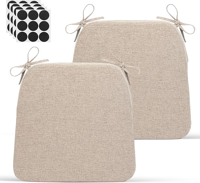 D-Shaped Indoor Chair Cushions 17" x 16" for Kitchen & Dining Chairs – 2'' Thick Seat Pads with Ties & Non-Slip Backing, High-Density Foam, Machine-Washable Covers, Set of 2 with Chair Leg Pads, Beige