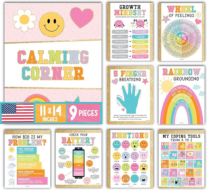 Hadley Designs 9 Calming Corner Posters For Classroom Must Haves For Teachers -11x14 Calm Down Corner Supplies, Feelings Chart For Kids Ages 4-8, Feelings Wheel Poster, Varsity Letter Classroom Decor
