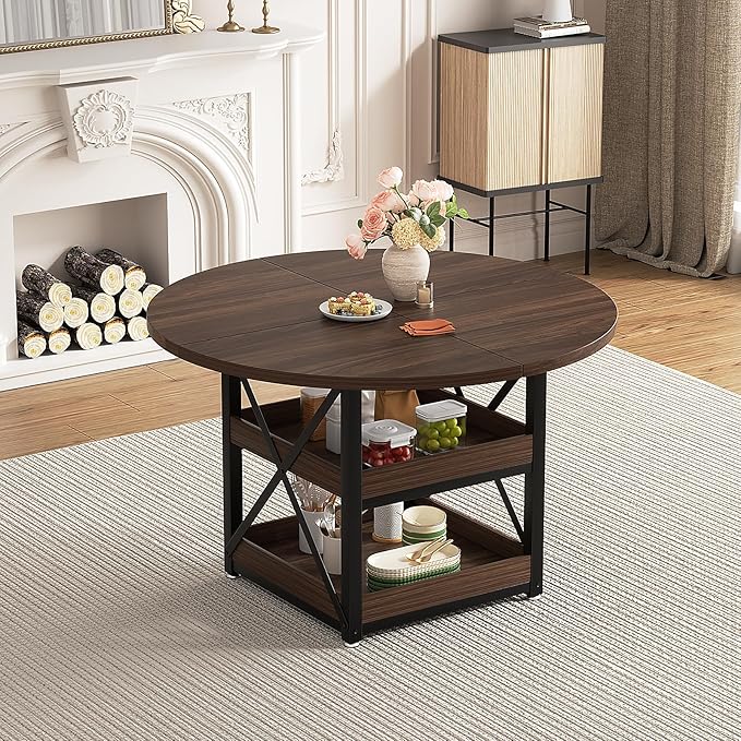 Round Dining Table with Storage for 4, Modern Kitchen Table for Small Space, Space Saving Dining Table for Dining Room, Apartment, or Breakfast Nook (Walnut - Table Only)