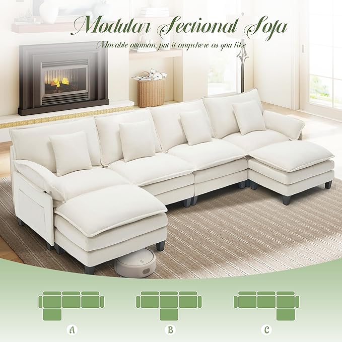 Comfy Cloud Couch with Movable Ottoman, Modular Sectional Sofa, 140" U Shaped Modern Sofa with Pillows, Deep Seat Couches for Living Room, Bedroom and Apartment, Beige