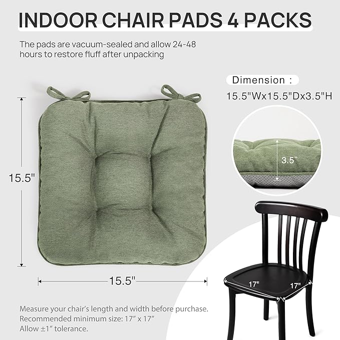 Love's cabin Memory Foam Chair Cushions Set of 4, Outdoor/Indoor Chair Pads for Dining Chairs 4 Pack, Seat Cushions for Kitchen, Dining Room, Office, Patio Chairs, 15.5"x15.5"x3.5" Green