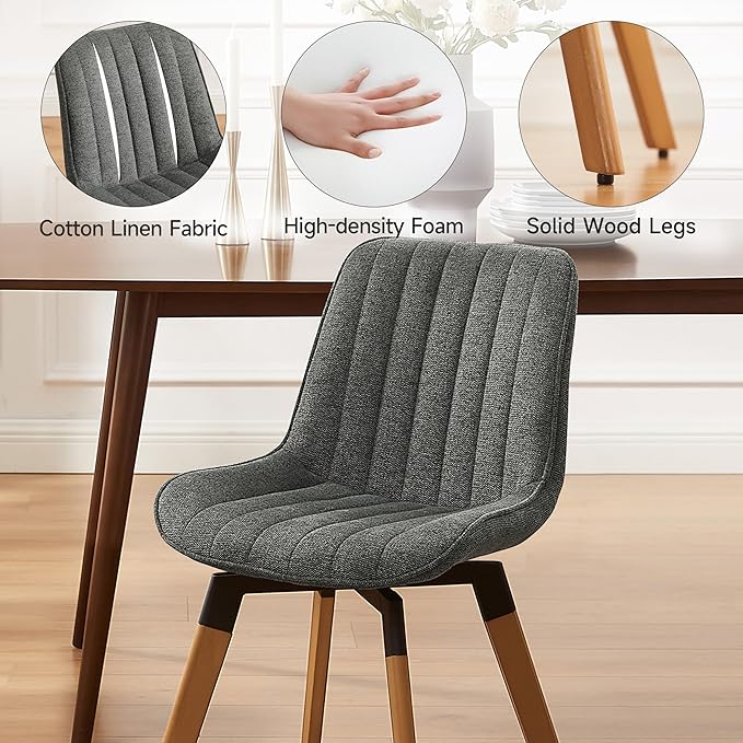 Art Leon Swivel Dining Chairs Set of 2, Mid Century Modern Dining Room Chair, Fabric Upholstered Armless Chair with Wood Legs for Kitchen Living Room Bedroom, Dark Gray