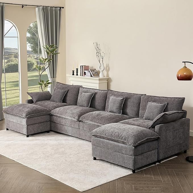 GOSUHI 142.5" U Shaped Couch, Modular Sectional Sofa, 3-Seater Comfy Cloud Couch with Movable Ottoman, Deep Seat Couches for Living Room, Chenille, Slate