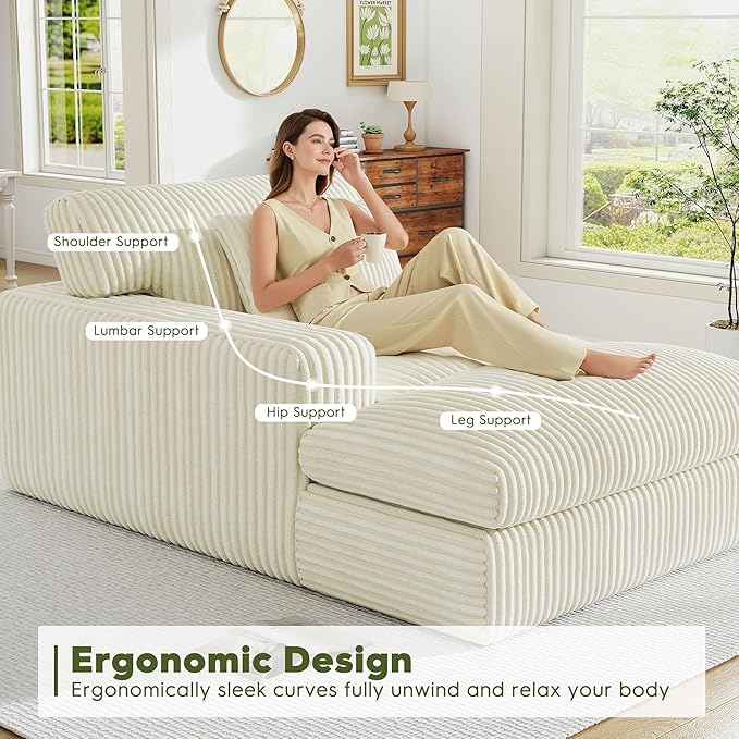 Oversized Chaise Lounge Sofa Chair Indoor，Soft Corduroy Fabric, Boneless sofawith Cushion，A Comfortable, deep-Seated Cloud Sofa for use in The Living Room.(Singler-Left-arm-White)