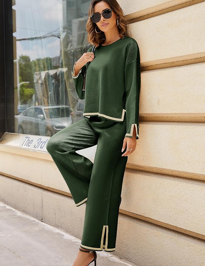 Tanming Women's 2 Piece Outfits Long Sleeve Knit Sweater Top Wide Leg Pants Lounge Sets Tracksuits