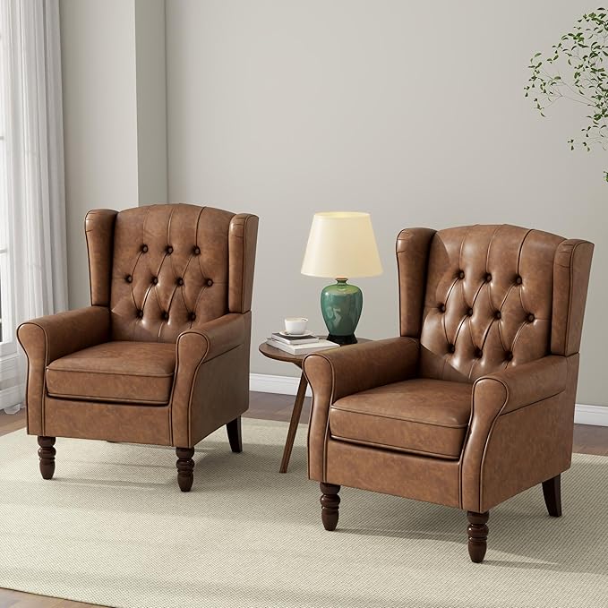 DREAMSIDEA Accent Chair, Upholstered Armchair with Button Tufted High Back & Solid Wood Legs, Comfy Wingback Reading Single Sofa Chair for Small Spaces, Living Room, Bedroom (Leather Brown, Set of 1)