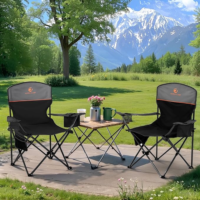 LET'S CAMP Camping Chair 2 Pack Folding Chair with 3-Can Cooler Bag Portable Lawn Chair with Cup Holder,Storage Pocket, Supports 225LBS, Collapsible Chair for Camp, Beach, Picnic (Black)