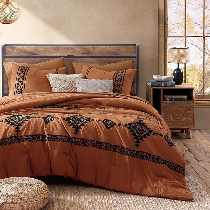 MaiRêve Embroidery Comforter Set, Boho Farmhouse Western Bedding Set, All Season Bed in A Bag Comforter Set with Sheets, Pillowcases & Shams, Burnt Orange California King 7 Pieces