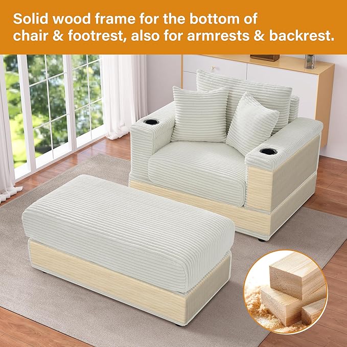 DAMAIFROM Oversized Chaise Lounge Chair Indoor with USB, Cup Holder & Ottoman, Firm Solid Wood Frame with Long Service Life Corduroy Oversized Lounge Reading Chair for Study Room - Beige White