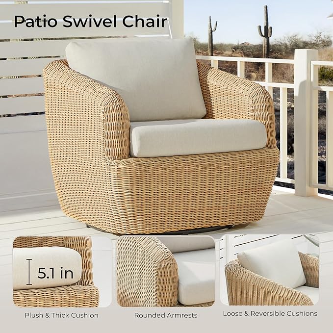 CHITA 2 Pieces Patio Wicker Furniture Set, Outdoor Rattan Chair Set with Removable Thickened Cushions, Fully Assembled(Beige Cushions with Light Brown Wicker)