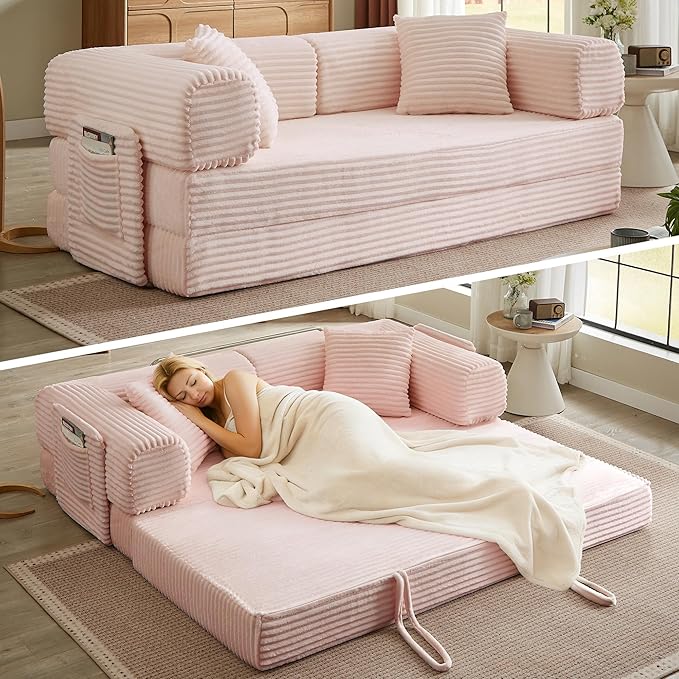 AUGOP Boneless Couch Folding Couches for Living Room Sofa, Futon Sofa Bed with Sleeper Sofa, Futon Couch with Fixed-Shape Oversized Corduroy Upholstered (Pink, 81 Inches)