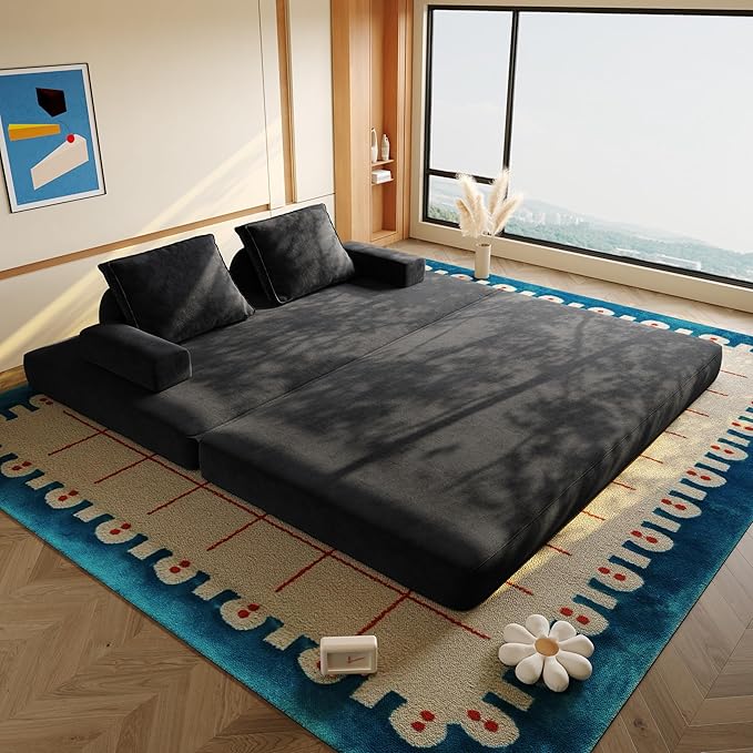 Convertible Sleeper Sofa Bed Floor Sofa,86.6" King Size Folding Mattress Couch with Pillow,Upholstered Boneless Cloud Couch for Apartment Living Room Bedroom (Dark Gray)