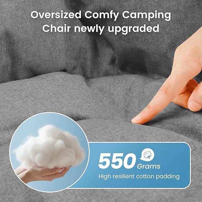 OUTDOOR LIVING SUNTIME Oversized Padded Comfy Camping Chair with Removable Footrest，Weight Capacity 400 LBS, Heavy Duty Moon Round Leisure Folding Chair for Camping, Hiking, Carry Bag, Gray
