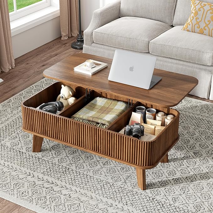 LCVTND Fluted Lift Top Coffee Table with Storage, Modern Wood Coffee Table Retro Center Table with Hidden Lifting Table Top Compartment for Living Room, Home, Office, Walnut
