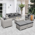 WAROOM Patio Furniture Set 6 Piece Outdoor Patio Set Grey Wicker Balcony Furniture Conversation Sets PE Rattan Couch Sofa with Coffee Table, Grey Cushion