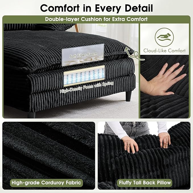 54.8" W Oversized Chaise Lounge Chair Indoor with 5-Position Adjustable Backrest, Corduroy Sleeper Sofa Bed with 3 Pillows, Modern Cloud Couch Chair for Living Room, Bedroom, Black