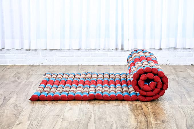 Leewadee - Kapok Roll Mat – Handcrafted Folding Sleep & Relaxation Mattress from Thailand, Ideal as Guest Bed, Camping Mat, Yoga Mat or Traditional Futon, 75 x 39 inches, Blue Red