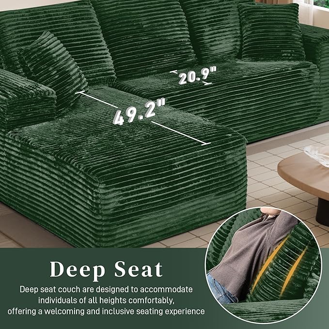 Modular Sectional Sofa Cloud Sectional Couch, 107" Comfy Fluffy L Shaped Green Couches for Living Room, Deep Seat Memory Foam Plush Corduroy Boneless Couch Sectionals with Left Facing Chaise Sofa