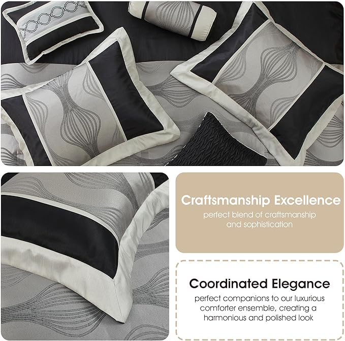 Grand Avenue Black and Silver Comforter Set King Size, 7 Pieces Bedding & Collection, Jacquard All Season Comforter & Pillows, Ultra-Soft Microfiber