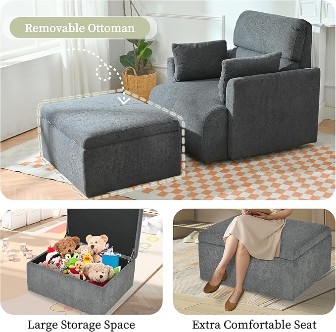 QKFF Modern Oversized Accent Chair with Storage Ottoman & 2 Side Pillows, Snowflake Fleece Upholstered Chaise Lounge Chair, Deep Seat Reading Chair for Living Room, 350lbs Capacity