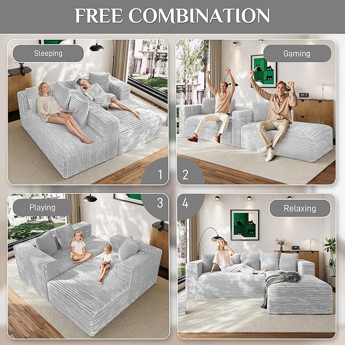 Modular Sectional Sofa, 107" L Shaped Cloud Couch Plush Corduroy Deep Seat Boneless Sofas with 5 Pillows Long Chaise Lounge Couches Memory Foam for Living Room - Grey, Right Facing Chaise