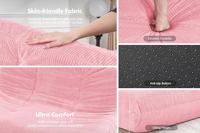 Bean Bag Chair,Giant Beanbag Chairs for Adults,Comfy Large Fireside Chair Lazy Sofa,Corduroy Bean Bag Lounger with Memory Foam Filled,Floor Sofa Couch for Home,Living Room (Pink, 3-Seater)