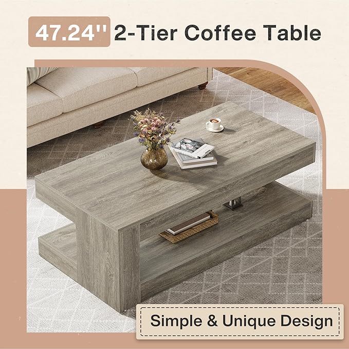 Tribesigns Coffee Table for Living Room, 47.24 Inch Farmhouse 2-Tier Accent Center Tea Cocktail Table with Storage, Elegant Grey, Rectangular