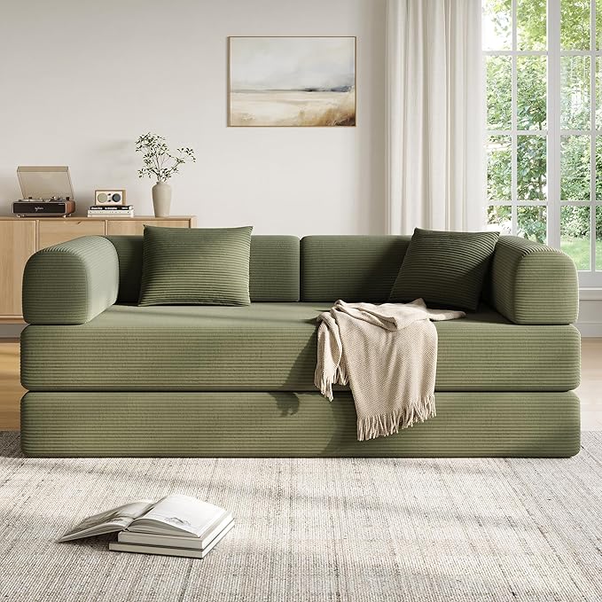 79 Inch 5-in-1 Convertible Sofa Bed, Corduroy Boneless Floor Couch with Fixed Frame & Pillow, Modular Folding Mattress Lounger for Small Space, Living Room, Bedroom - Easy Assembly(LIGHT GREEN)