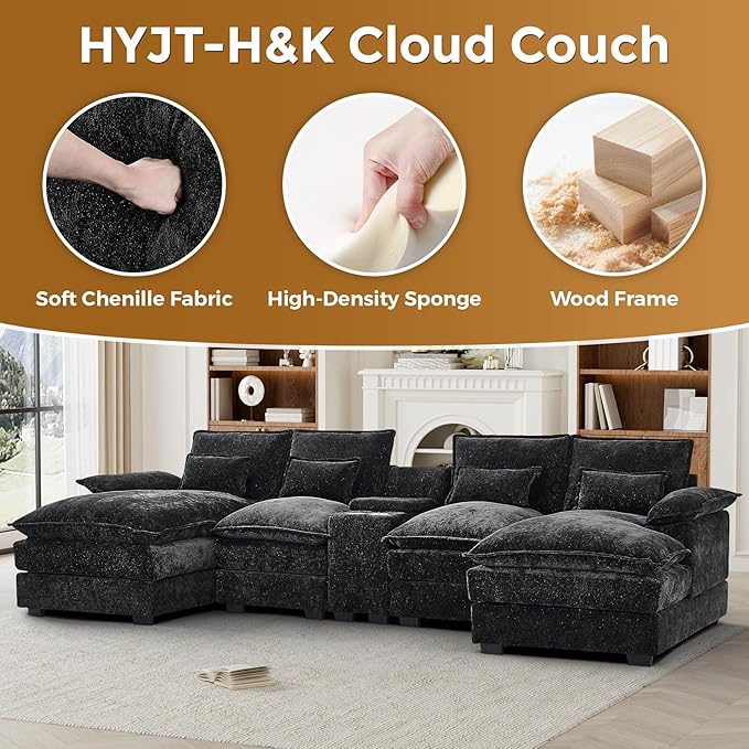 HYJT-H&K 124" U Shaped Cloud Couch Sectional, Comfy Fluffy Chenille Black Sectional Couches for Living Room, Modern Modular Sectionals Sofa with Central Console Double Chaise Lounge Black Grey